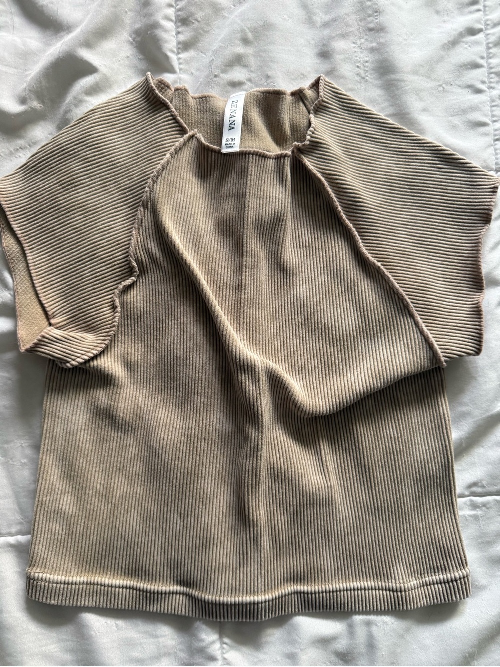 Zenana Outfitters Ribbed Tan Short Sleeve Top